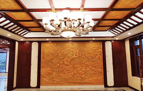 三元中式别墅客厅中式木作横梁吊顶装饰展示