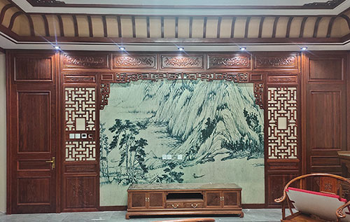 三元中式仿古别墅客厅背景墙花格木作装饰
